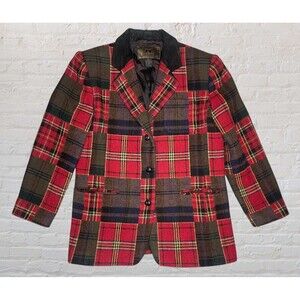 Vtg JL Colebrook Plaid Wool Blazer Womens MED Red Black Velvet Collar Oversized
